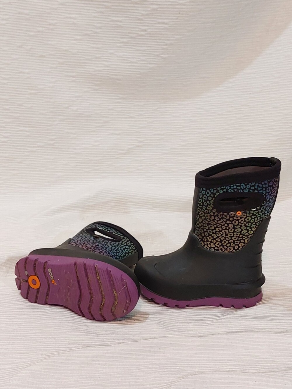 Bogs Kids Black Boots with Purple Soles and Multicolor Leopard Print